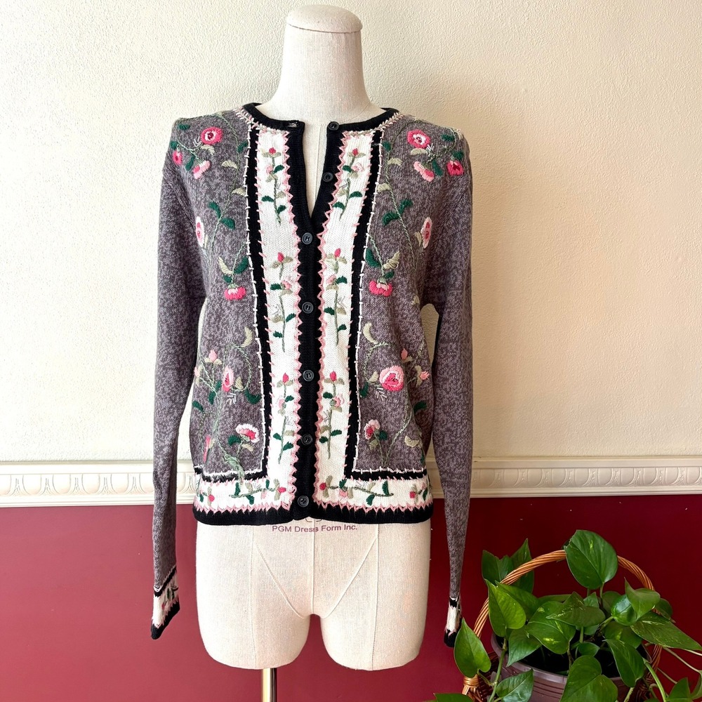 Floral Embroidered Ramie Cotton Cardigan S Classic Knit Dressbarn Vintage Y2K